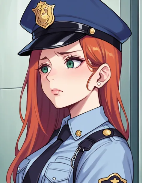 There is a woman in a police uniform, official, police official, (Yoshida Yuuko), sad police, Attire: cop, redhead woman, yoshida yuuko wearing a police uniform, high resolution commission, sheriff woman, Lois van Baarle y Rossdraws, bottomless, leotard bl...