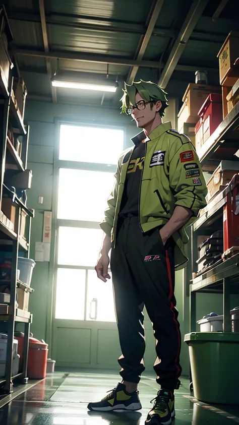 A man with green hair and glasses standing in a garage filled with racing cars, Movie still 8k, 8K Cinema Stills, Live-action movie stills, Cinematic, Japanese live-action films, A scene from a live-action movie, Tokyo Drift, Lostrun 8k, 