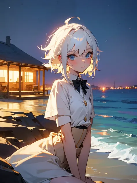 School girl, white hair, cute hair, Sitting outside the cabin, beach and city in the background, diffuse lights, night, short messy hair, small waist, wide hips, formal photo