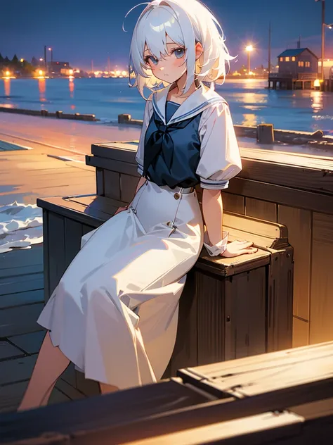 School girl, white hair, cute hair, Sitting outside the cabin, beach and city in the background, diffuse lights, night, short messy hair, small waist, wide hips, formal photo