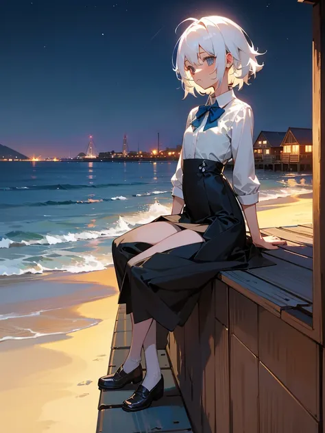 School girl, white hair, cute hair, Sitting outside the cabin, beach and city in the background, diffuse lights, night, short messy hair, small waist, wide hips, formal photo