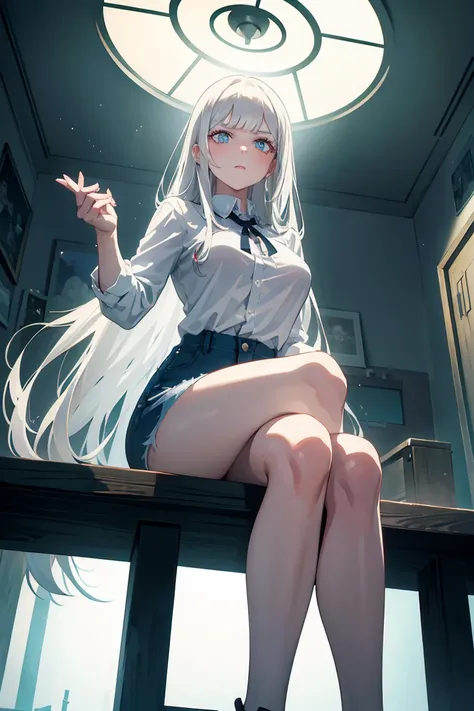 (masterpiece, Best quality, absurd), 1 girl, white hair, long hair, straight hair, blunt bangs, light blue eyes, big breasts, aesthetic waist, pale skin, white shirt, short jeans and silver heels, beautiful face, face angry, full length, in a dark abandone...