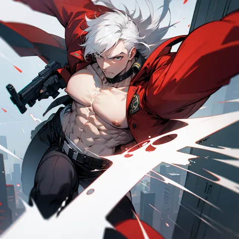 Man with muscles, red jacket, hold two guns, white hair, point guns* dynamic pose, city wallpaper