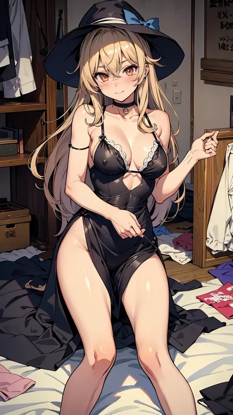 Marisa Kirisame、Messy room、Beautiful woman、Marisa&#39;s Hat、Very thick thighs、Grinning、smile、Sloppy body、Best image quality、High resolution、masterpiece、super high quality、Thick pubic hair、Orgasm Facial、Stripes々Panties、Stripes々bra、Very big ass、Very large br...