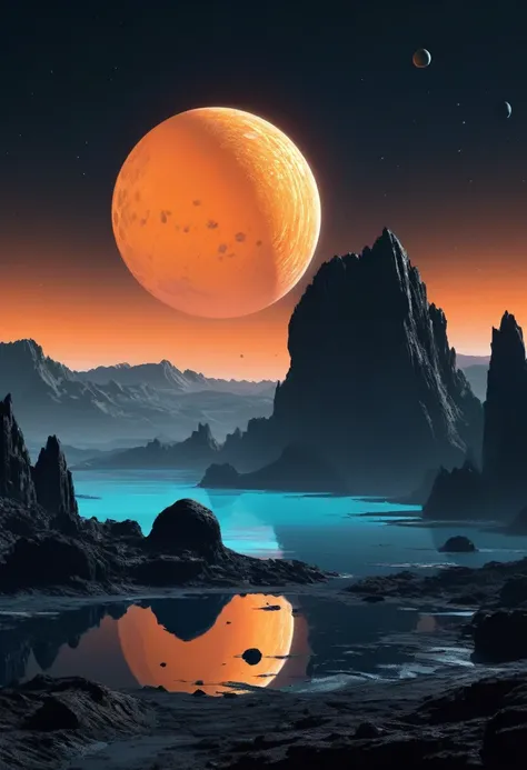 create a view of two dark gray rocky planets superimposed in dark night space, seen from the orange surface of a mountainous pla...