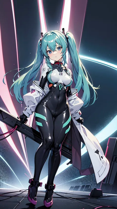 初音ミクはPlug Suitを着ている、Big Breasts、Latex bodysuit、Plug Suit((Neon Genesis EVANGELION))、Plug Suitの色は白と水色、High heels、The background is ruins、high resolution、2010s anime style、8K CG