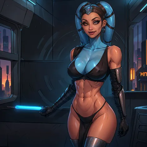 aayla secura, ((tentacle hair, glowing brown eyes, wide eyes, lipstick, makeup, narrow waist, skinny, medium breasts, earrings, alone, twilek, blue skin)), pelvic curtain, ((armor, black panties, armor cruzade)), full body, perfect body, (insanely detailed...