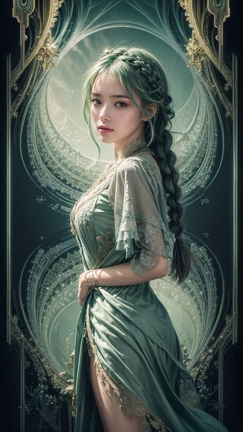 (masterpiece, Top quality, best quality, Official Art, beautiful and aesthetic:1.2), (1 Girl:1.3), (Fractal Art:1.3), card, Tarot, Green Hair, Double braid, Flowering, (Good lighting:1.1), ((high resolution)), Tarot card style