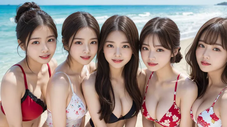 （Highest quality、32k、masterpiece:1.3)、(Beautiful woman:1.2)、(3 girls:1.3)、(Full body photo:1.3)、（Red、Bright floral swimsuit:1.3）、（thong、Thong-shaped swimsuit:1.3）、（Photo from behind:1.3）、（Show me your ass:1.2）、The best smile、Dark brown hair:1.3、ponytail、Hi...