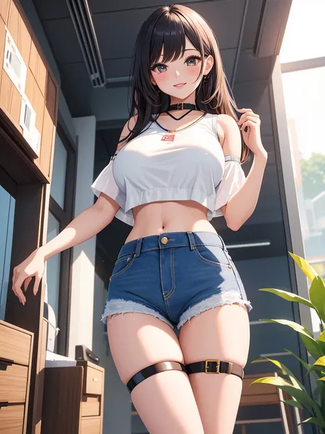 best quality, 1girl, masterpiece ultra detailed, illustration, glossy lips, indoors, standing, big breasts, (denim short shorts, hot micro_shorts, crop top), light smile, View viewers from the front, thigh strap, very sexy, (from below)