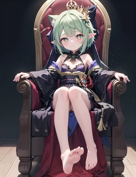 masterpiece,best quality,high quality,(colorful),loli,1girl, solo, petite,loli,elf girl,pointy_ears,small breast, :), Palace, towering above, overlooking viewer, with light from behind,Dark scenes,dark, king, Crown, leaf crown,Throne, a  throne, sitting al...