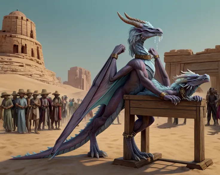 an extremely talented impressionist painting of mature aurothdota wyvern in arabic slave market, desert background, palm trees, ...