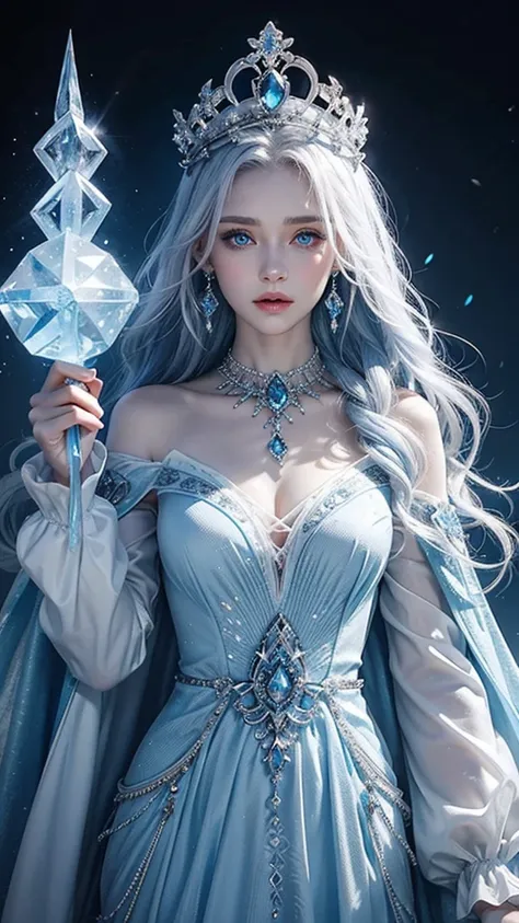 ice World　Ice Background　Fantasy　Elderly Ice Witch　long blue eyes　White skin　White, long, curly, wavy hair　　Ice Crown Tiara　Blue embellished long sleeve A-line dress　Gorgeous necklace　Gorgeous earrings　Cape　Ice wand