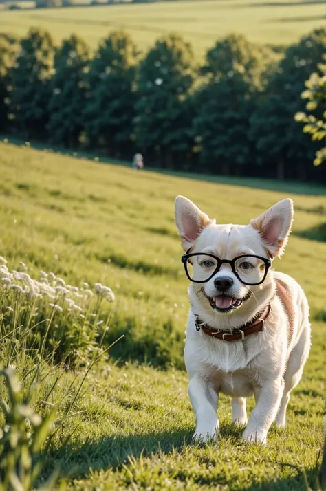 Cute dog wearing big glasses Strolling through the green meadows 