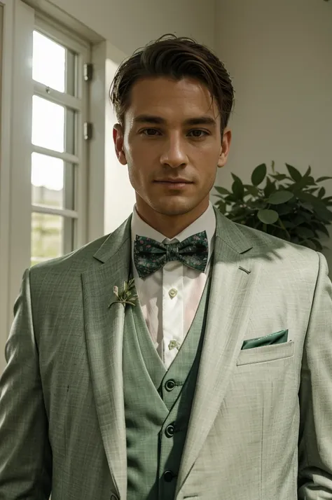 Green sage Bohem chic suit for man with floral bow tie for wedding. The bow tie is made of floral fabric. The man is standing 