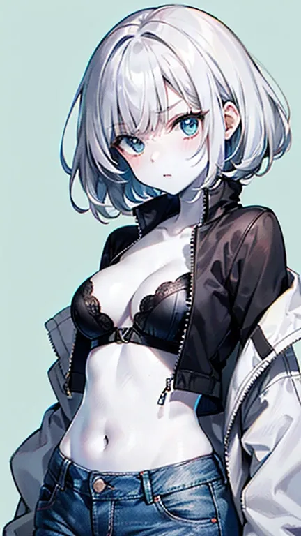 (AkiyamaYukari:1.25),

One Woman,

(Silver Hair:1.5),
(Short Hair,)Bobcut,

Late 30s,Natural skin texture,Narrow waist,Thin type,
(White Skin:1.9),low length,Japanese Girl,,
Black Eyes,Small breasts,Belly button,

((((Black cleavage-baring jacket)))),
(((J...