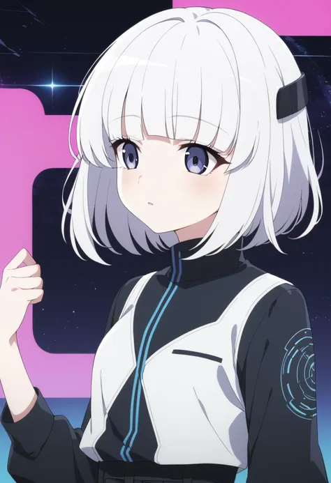 create an anime character, feminine , blue colored eyes , short hair and, white hair, armadura semelhante ao jogo destiny in the...