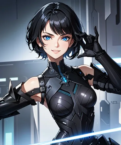 ((masterpiece, best quality))
edgerunnerssasha, 1 girl, black hair, short hair, blue eyes, cyberpunk, smile,   fantasy, difficul...