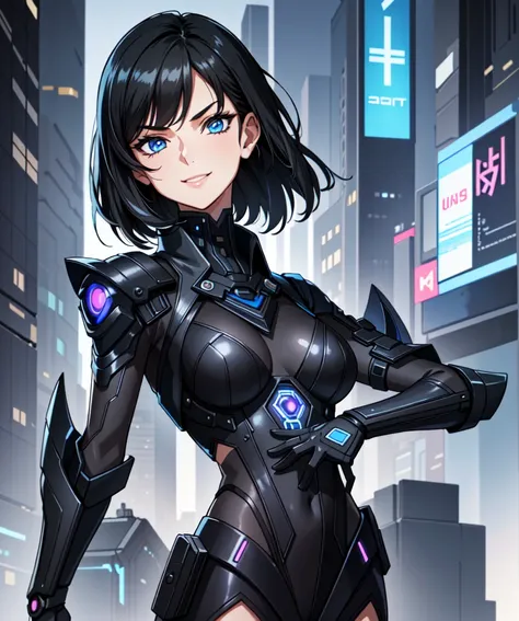 ((masterpiece, best quality))
edgerunnerssasha, 1 girl, black hair, short hair, blue eyes, cyberpunk, smile,   fantasy, difficul...