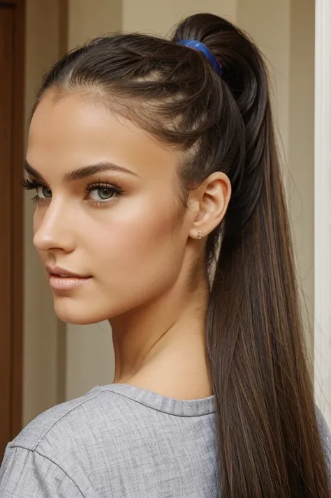 Brunette girl with half curly and half straight hair with ponytail hairstyle 