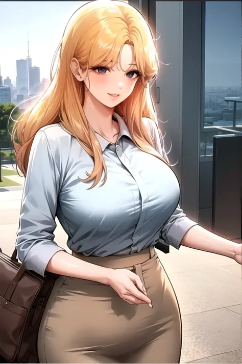 bada,  1lady standing, /(casual shirt/) (pencil skirt:1.1) /(id card lanyard/), (mature female) bangs, blush kind smile, (masterpiece best quality:1.2) delicate illustration ultra-detailed, large breast BREAK /(modern office indoors/), window skyscraper, l...