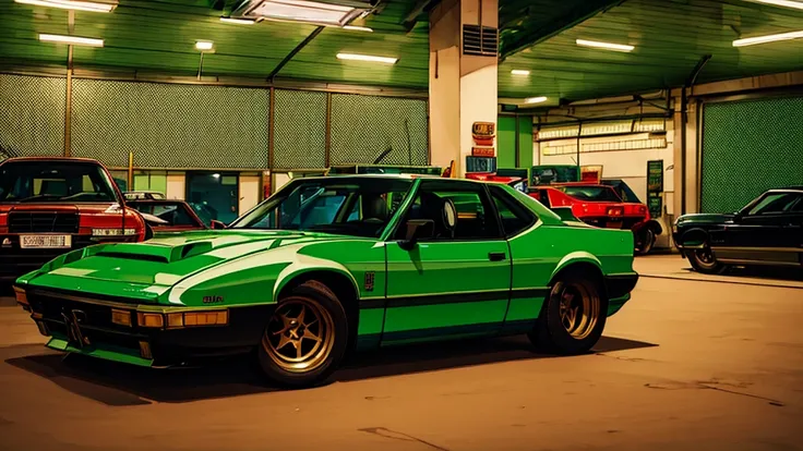 A man with green hair and glasses standing in a garage filled with racing cars, Movie still 8k, 8K Cinema Stills, Live-action movie stills, Cinematic, Japanese live-action films, A scene from a live-action movie, Tokyo Drift, Lostrun 8k, 