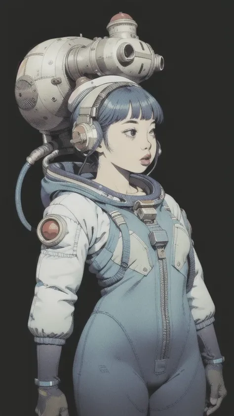 monochromatic、Girl、Asian、Moderate bust、Simple Background、Retro space suit、slender、