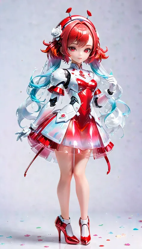 ((Full body photo, standing, feet on the ground))  (Blind Box Spielzeug Stil:1.2),full body, solo,white background,(A female robot in a transparent White and red gradients rose dress, wearing gloves and high heels),(Chinese color,Very colorful), 3D