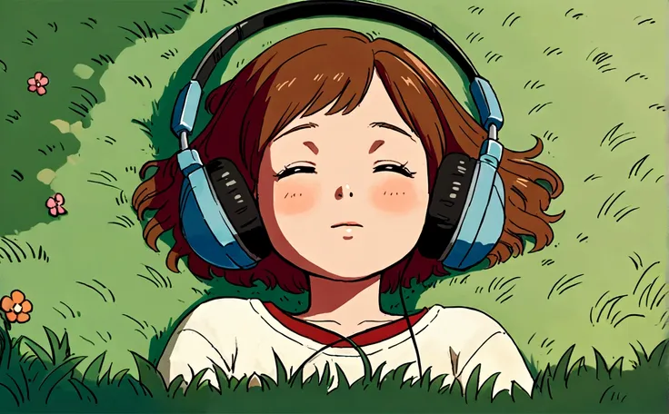 a young girl lying on the grass listening to music, studio ghibli style, leaves drifting, aesthetic, simple, calm, serene, chill...