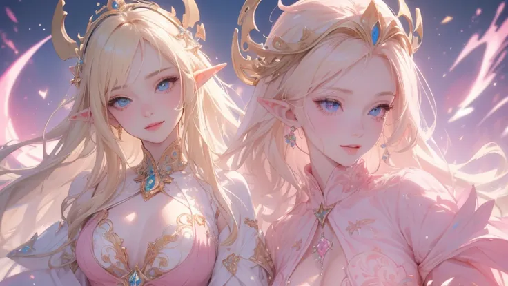  work of art, epic details, ultra detaild, best resolution, blonde, (elf goddess), crown with crystals ((rosto angelical)), eyes locked, (biting lower lip in a sexy way), sculptural body, pink scenery, White and pink clothes, Grinning, happy, expression of...