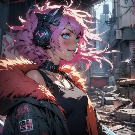 Ultra HD, anime realistic. Badass South Asian teen girl with short, windblown black hair and piercing electric blue eyes. Smirking confidently, she leans against a graffiti-covered wall in a neon-lit cyberpunk alleyway. Clad in a black tactical outfit with...