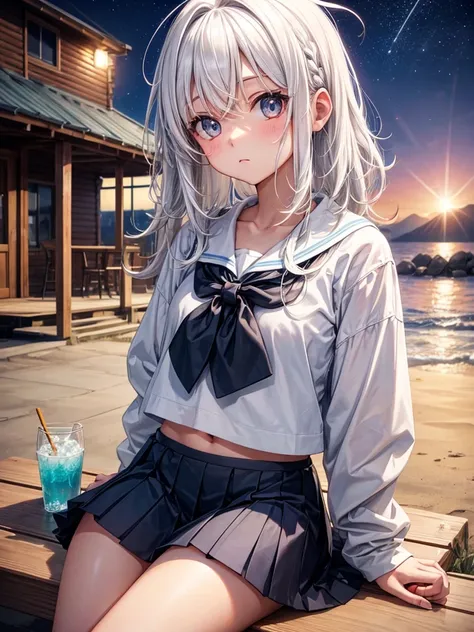 School girl, white hair, cute hair, Sitting outside the cabin, beach and city in the background, diffuse lights, night, short messy hair, small waist, wide hips, cute eyes