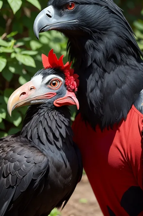 a vulture in a red-black shirt holding a rooster dressed in the colors of Atlético Mineiro in its mouth. I imagine the vulture has an expression of pride, while the rooster seems to be a little scared, but still with an air of defiance.