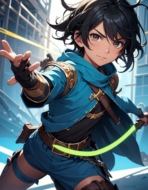 Young boy with black hair, brown eyes and olive skin, innocent and happy, wearing neon blue pirate tunic, blue shorts, gauntlets and sandals, weilding sword and shield, blue armor, fullbody, pirate background, boyish athletic