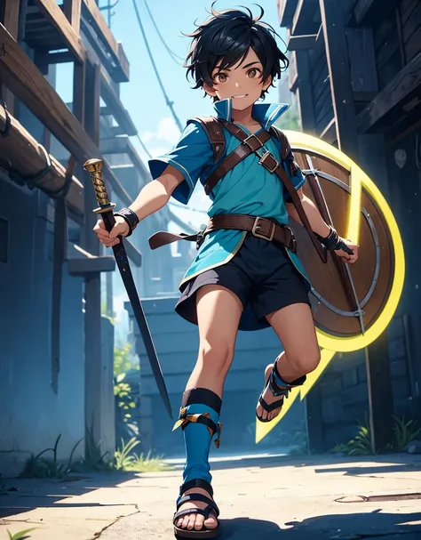 Young boy with black hair, brown eyes and olive skin, innocent and happy, wearing neon blue pirate tunic, blue shorts, gauntlets and sandals, weilding sword and shield, blue armor, fullbody, pirate background, boyish athletic