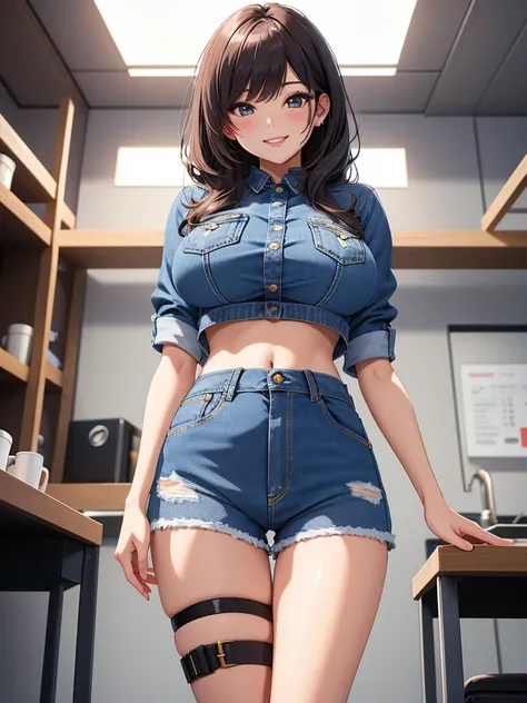 best quality, 1girl, masterpiece ultra detailed, illustration, glossy lips, indoors, standing, big breasts, (denim hot shorts, , crop top), light smile, View viewers from the front, thigh strap, very sexy, (from below)