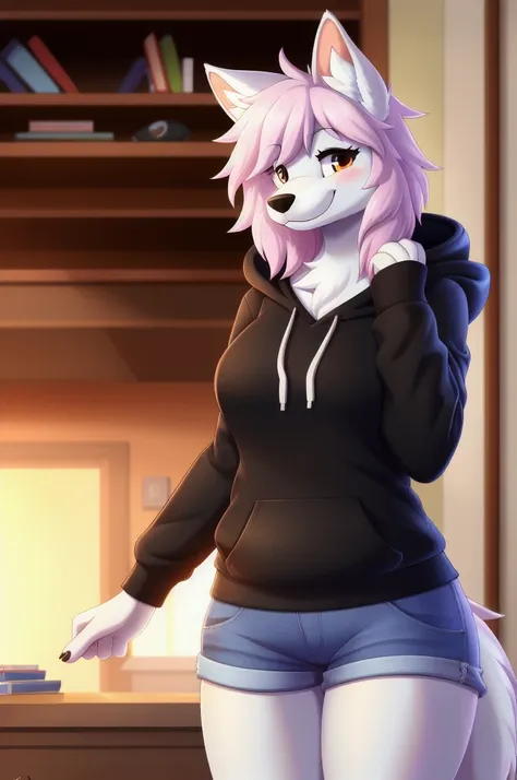 female, solo, wolf, fluffly, furry, (average breasts), (curvy), (black hoodie), (jorts), accurate tail, slight blush, mature, sm...