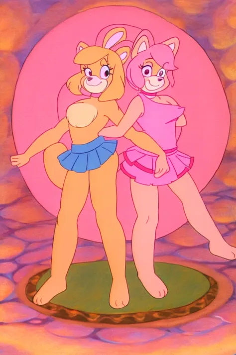 
Furry Yellow bunny with white eyes with hot pink pupil and pink collar with a heart, with mat instead of chest without clothes just a skirt cartoonish Hanna-Barbera type, Women, Mexican pink volume skirt, BALD, in cute pose with a red panda girl with punk...