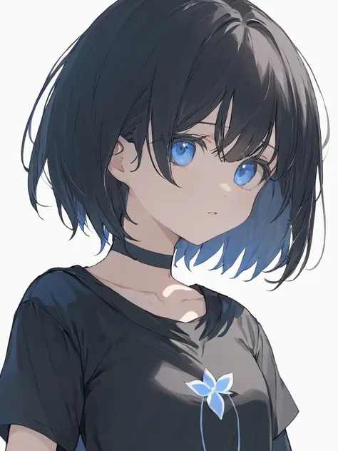 1girl, solo, blue eyes, (detailed eyes), flat chest, short hair, black hair, ((black t-shirt)), simple t-shirt, black skirt, bla...