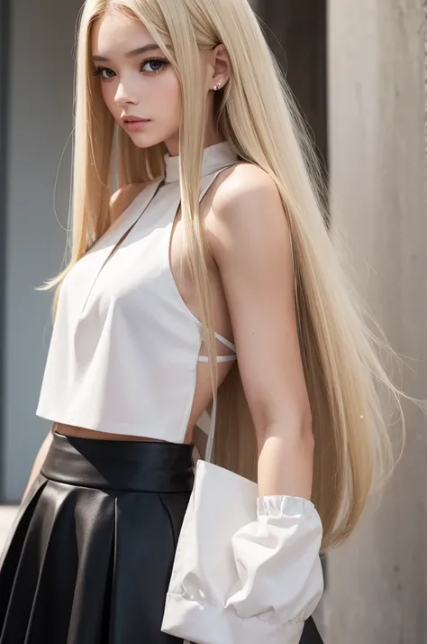 make an ounce of straight blonde hair and a cropped skirt 