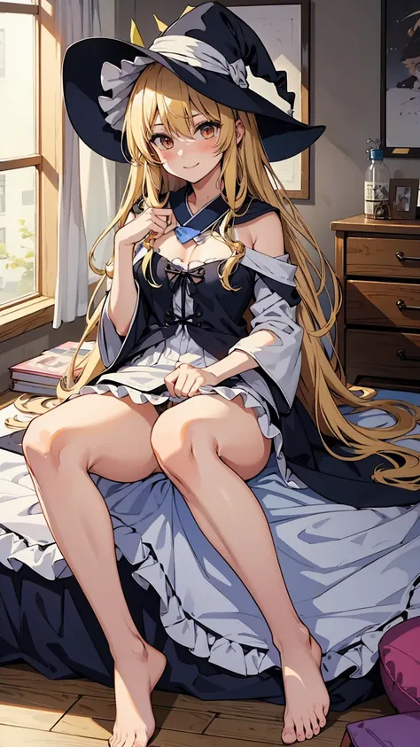 marisa kirisame、messy room、cute woman、blonde、wizard、marisa&#39;s hat、very thick thighs、grinning、smile、sloppy body、best image qua...