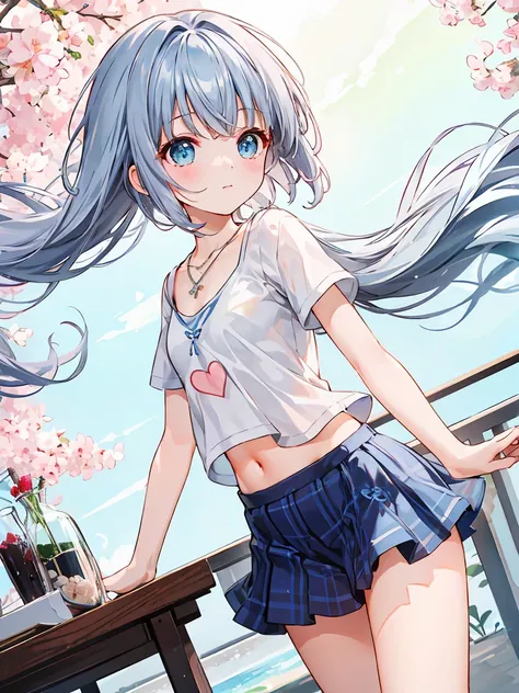 (table top, highest quality:1.2), 1 girl, alone, cute, cute, digital art、Eimei、(length, beautiful, blue hair.flowing in the wind)、T-shirt、mini skirt、Urban hustle and bustle、Arranging a date,daytime, embarrassed look, silver hair(short)、glowing skin、small-f...