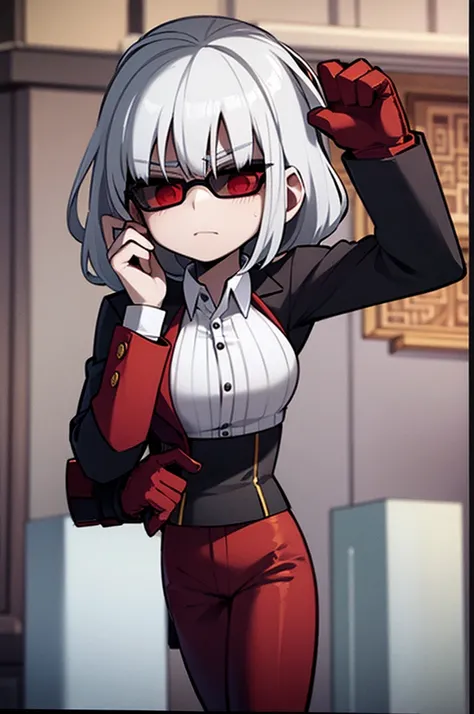 demon girl, blind, white haired, with sunglasses, in a red and black suit