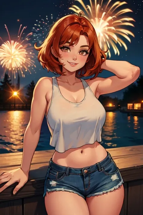 a copper  haired woman with copper eyes in a cute tank top and shorts is watching fireworks on the dock with a big smile.