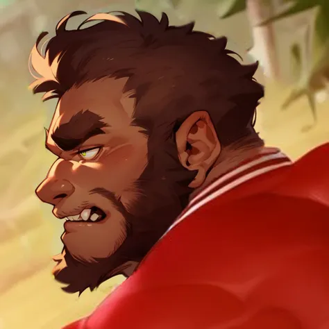 facial hair, beard, thick eyebrows, squinted eyes, looking pleased, side view, werewolf