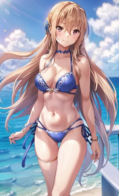 Anime Artwork Highly Detailed CG Unity 8K Wallpaper, Realistic, A girl by Guido Daniele, Swimwear, Long Hair, chest, bikini, alone, close your eyes, belly button, Day, Outdoor, chestの谷間, blue bikini, Blonde, smile, null, blue null, very Long Hair, cloud, m...