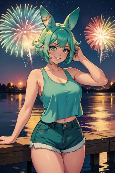 a light teal haired woman with one violet eye and one green eye and light teal rabbit ears in a cute tank top and shorts is watc...