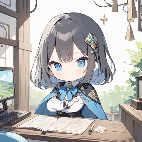 (Detailed:1.2),(Illustration icon),超High resolution, Attention to detail, high quality, High resolution, 最high quality, 4K, 8K,  (artwork)、Clear sky、cute、Black Hair、short、hair ornaments、A work that emphasizes the sky and blue、posters、(Costumes of fantasy w...