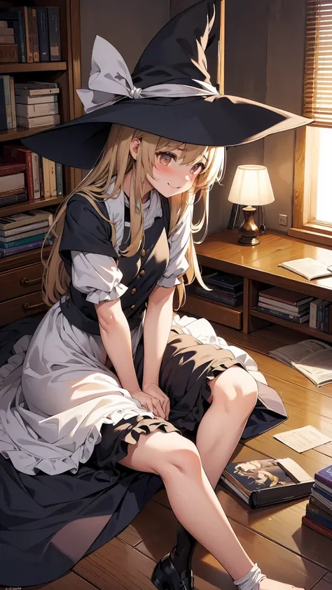 marisa kirisame、messy room、normal wizard、cute woman、marisa&#39;s hat、blonde、very thick thighs、grinning、smile、sloppy body、best im...