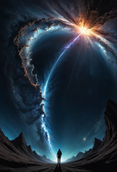 Colossal Dimensional Fissure in the heavens, resembling black holes but formed in a dark shape like crack, intricate, realism, François Baranger-style art. Cosmicism evident in the images.